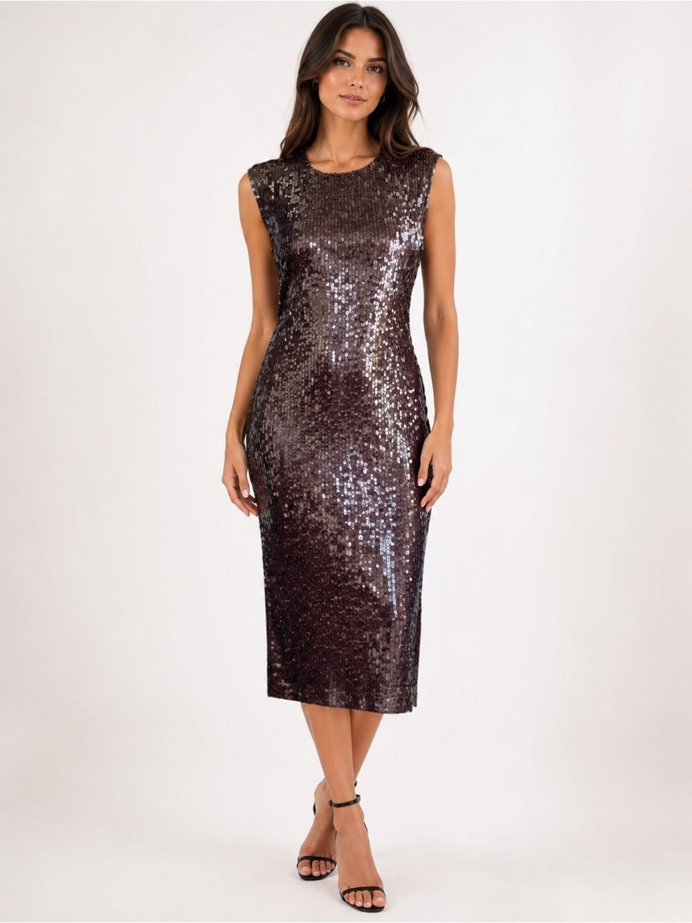 Zara Dress Sequin Straight Cut Chocolate Brown Sleeveless Party SZ S